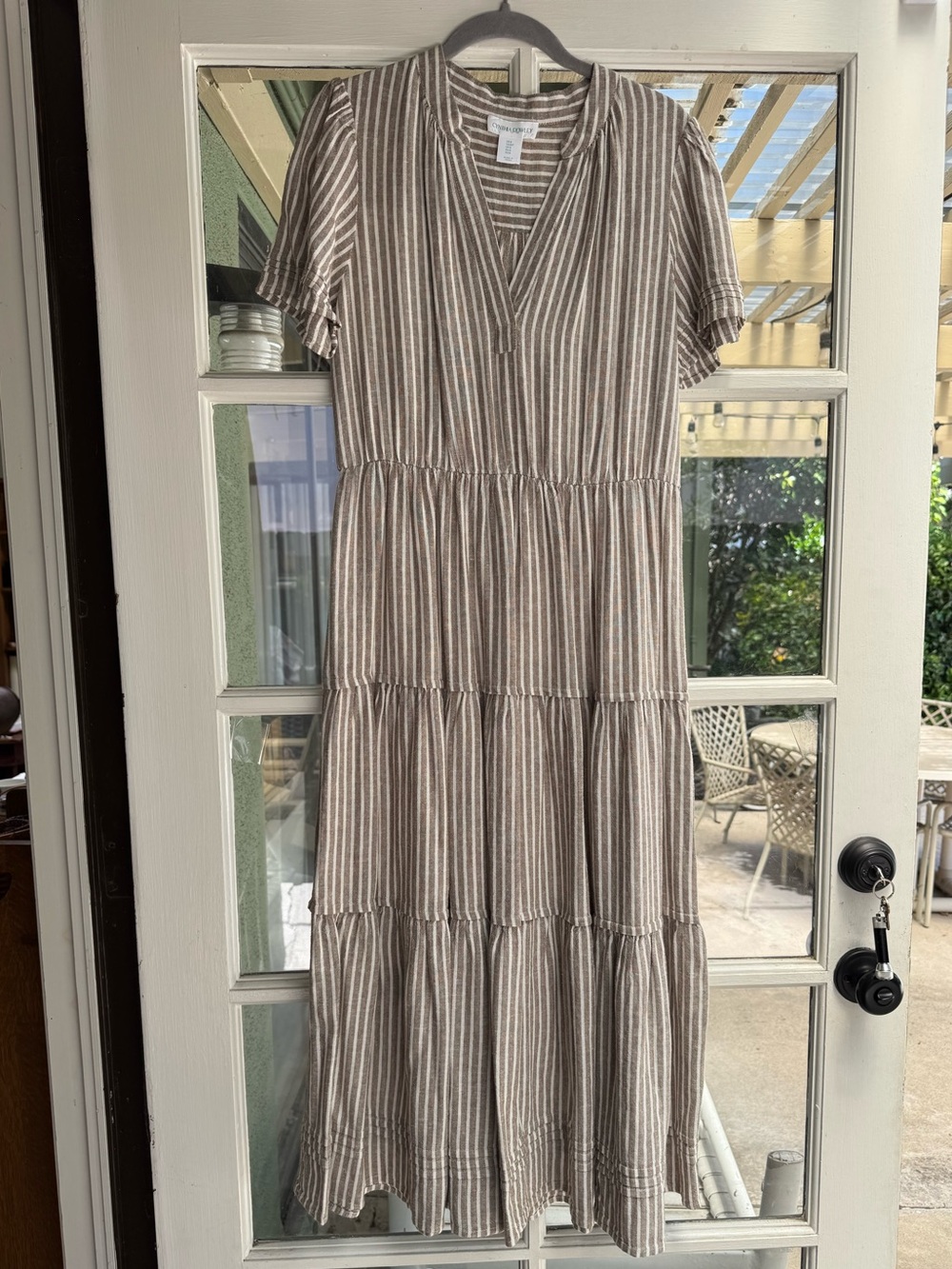 Like New Cynthia Rowley Striped Tiered Midi Dress in tan/white, Size Small - Picture 3 of 6